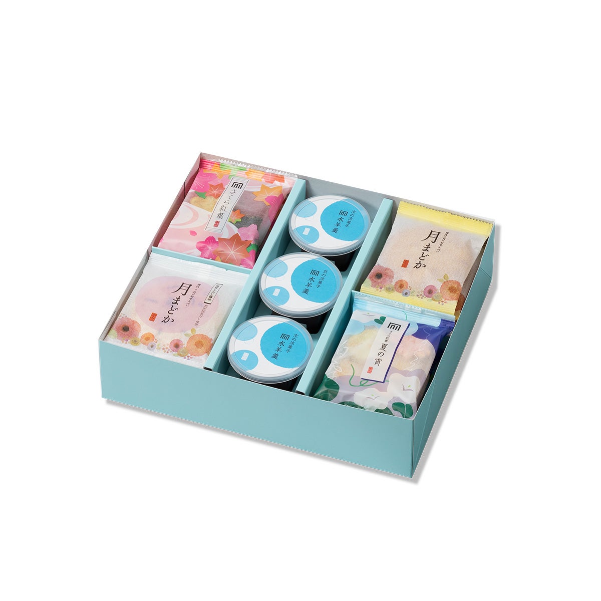【夏季限定】涼風つづり 化粧箱Ｍ(あられ21袋＆水羊羹3個)