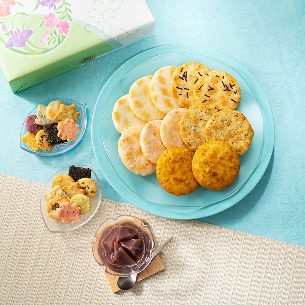 【夏季限定】涼風つづり 化粧箱Ｍ(あられ21袋＆水羊羹3個)